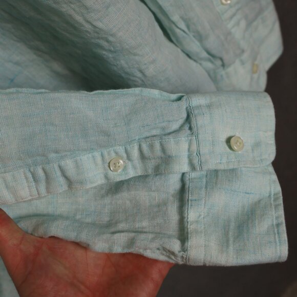 Faherty Shirt Mens XXL Turquoise Blue Laguna Linen Long Sleeve Button Up Preppy - Picture 3 of 13